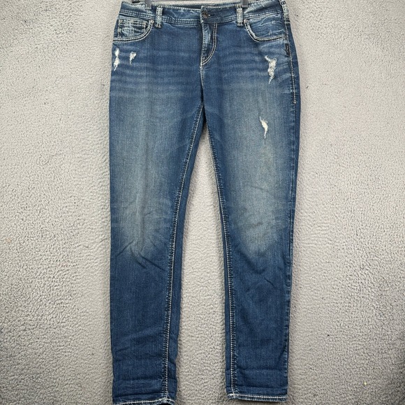 Silver Jeans Co. Womens 31X29 Girlfriend Fit Jeans Blue Distressed Stretch EUC
